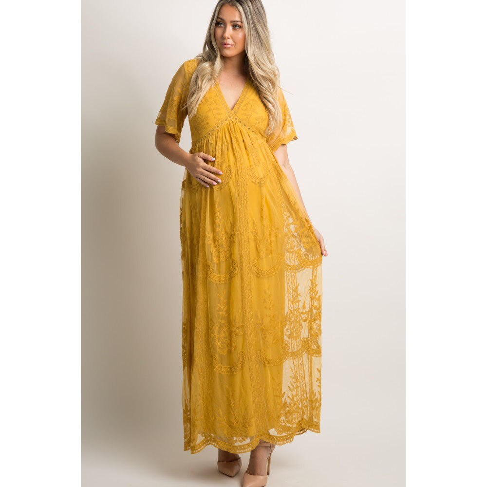 Summer Long Maternity Dresses For Photo Shoot Lace Maternity Photography Props Pregnancy Dresses Photography For Mother Wear: Yellow
