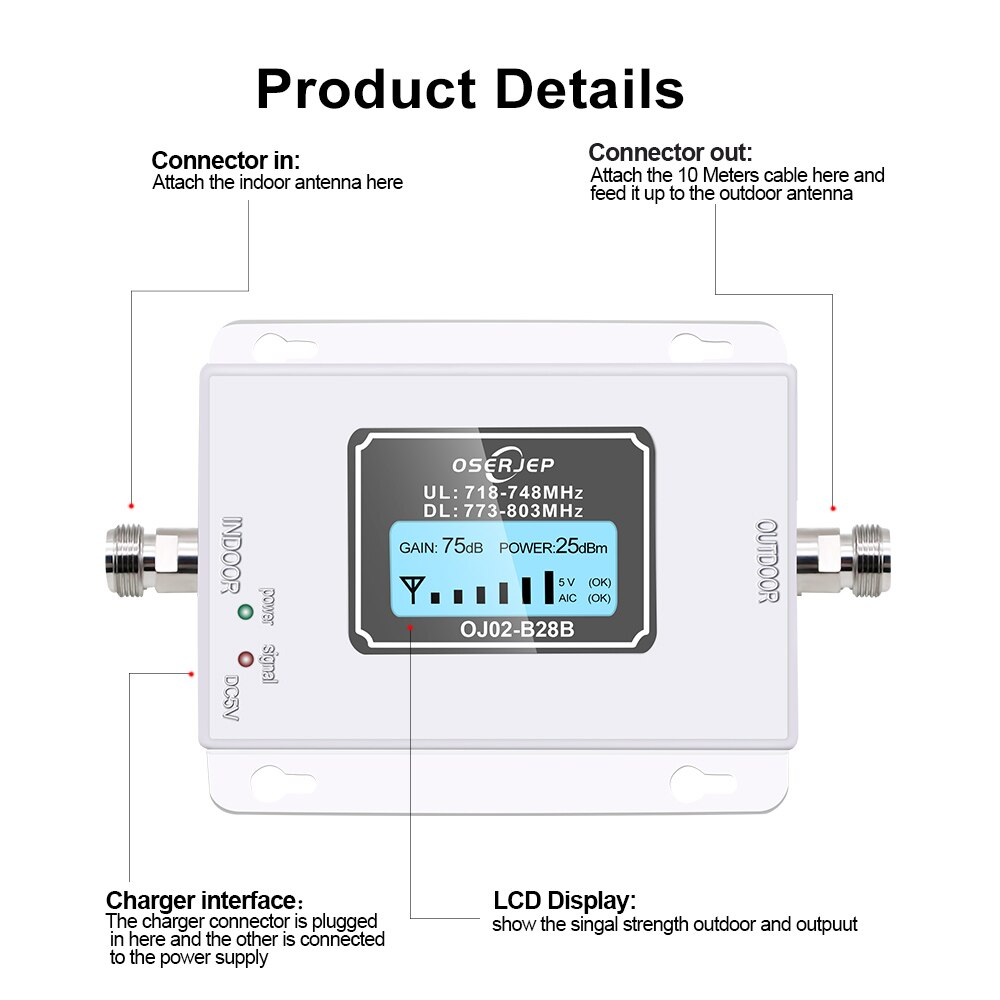 70dB LCD LTE 700MHz B28B 4G Mobile Phone Signal Repeater not include antenna