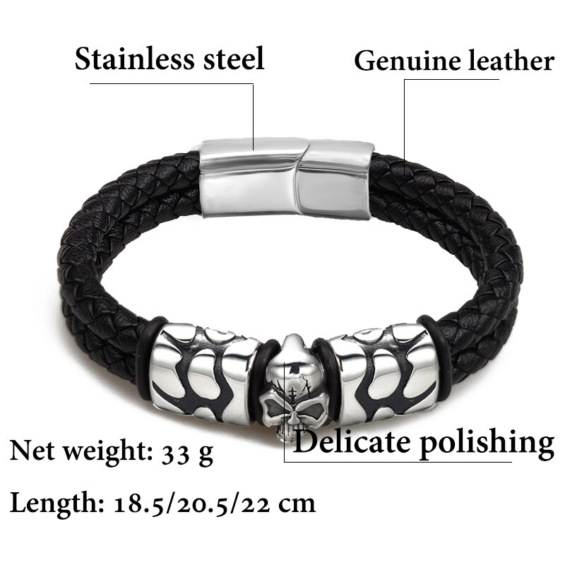 Bohemian Ghost Head Stainless Steel Bracelet Braided Leather Cloud Accessories Men&#39;s Bracelet 7 Day: clouds black / 18.5cm