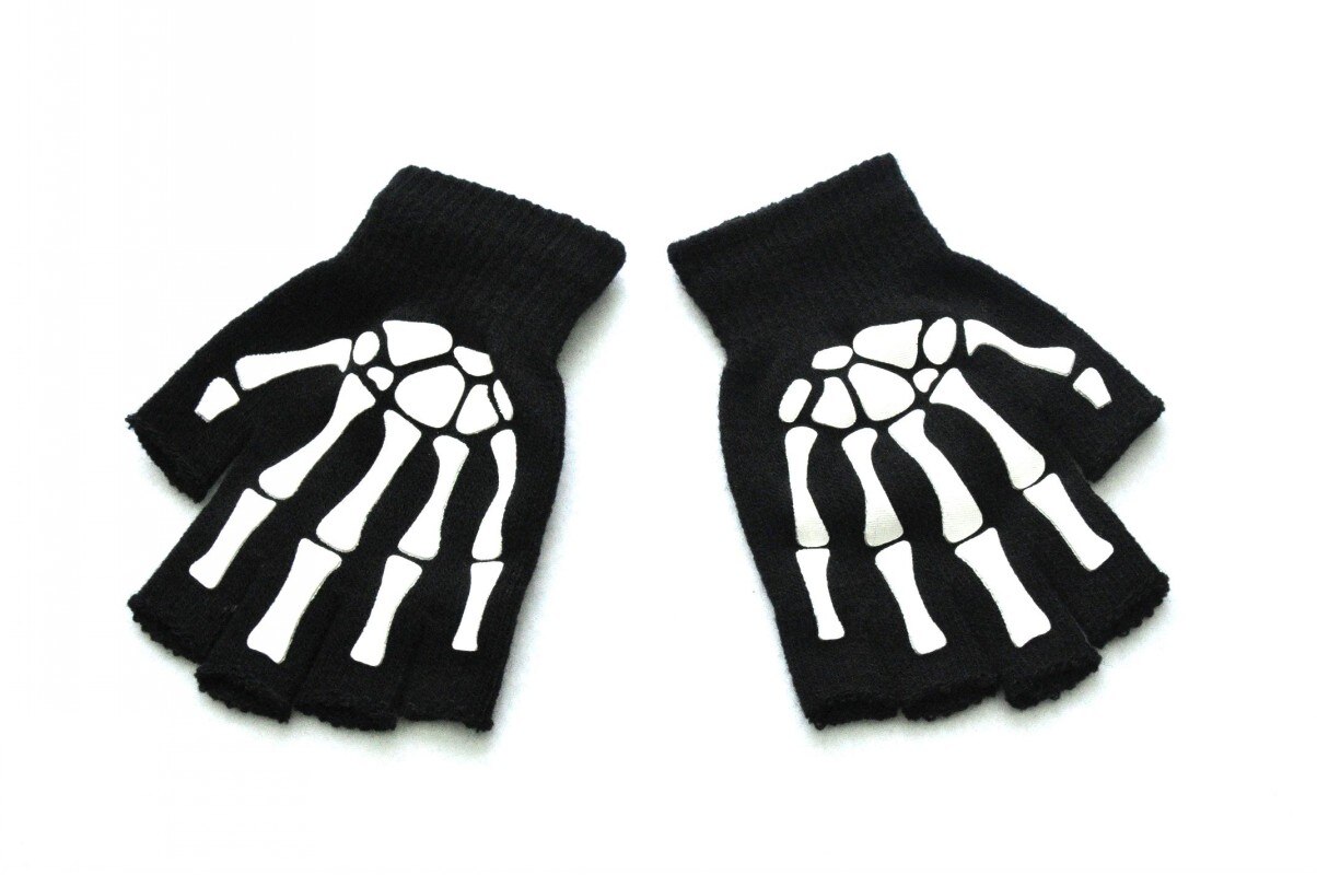 Unisex Adult Halloween Skeleton Skull Half Finger Gloves Glow In The Dark Fingerless Stretch Knitted Winter Mittens: 01