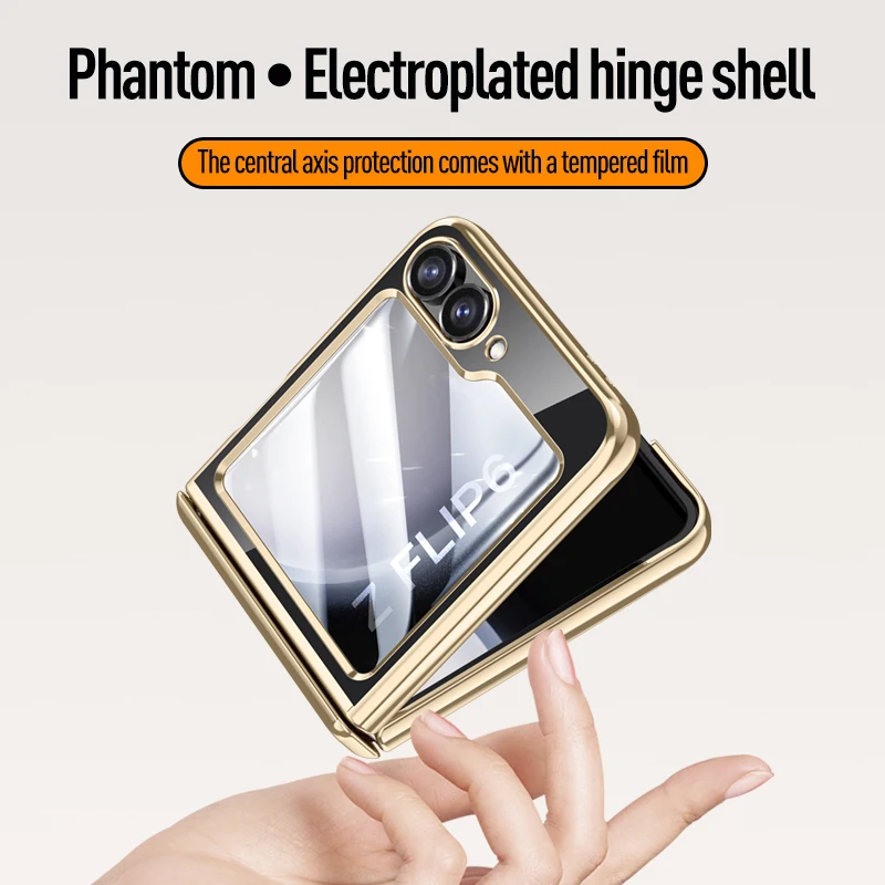 Bisagra plegable transparente galvanizada para Samsung Galaxy Z Flip 6, funda con película de espejo, cubierta dura todo incluido a prueba de golpes