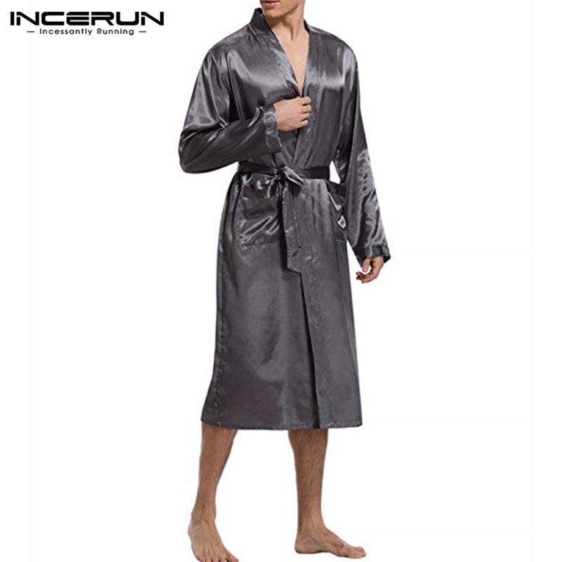 Incerun silke satin herr sovkläder morgonrock långärmad höst lång morgonrock lightwear avtagbara bältesfickor klänning pyjamas