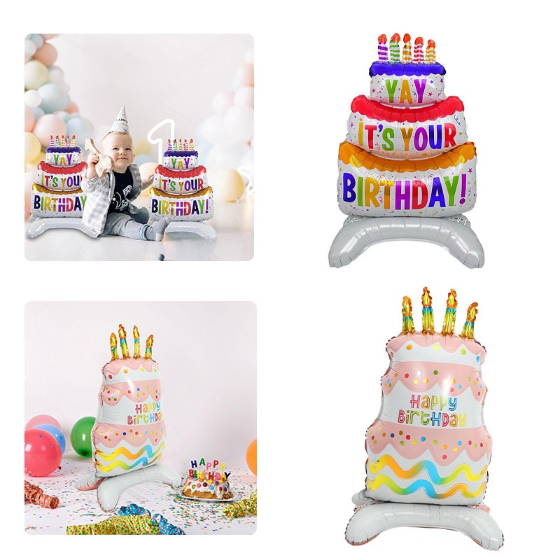 Globo de pastel de cumpleaños con Base, globo de aluminio de pie, bonito globo de pastel, suministros de decoración para de cumpleaños para niños y niñas, Baby Shower