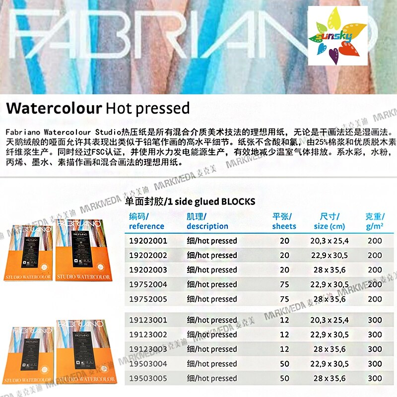 Fabriano Studio Watercolor Paper Pad,300gsm,140 LB press,acid-free,blend of lignin-free cotton and cellulose