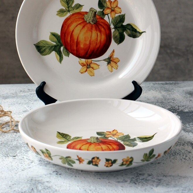 Underglaze 8 Inch Pumpkin Ceramic Deep Plate Flat Plate Tableware Pasta Noodle Salad Sushi Dessert Dish Dinnerware