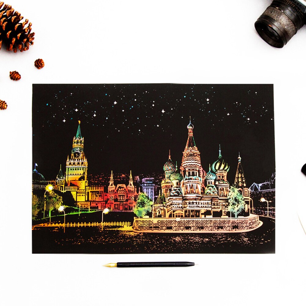 City Scratch Painting Drawing Paper DIY Art Craft Scratchboard Wall Decoration