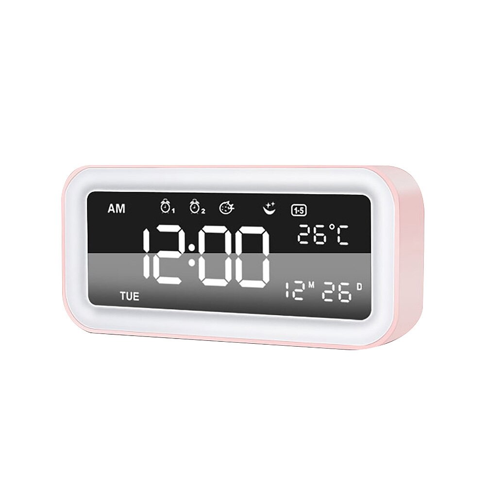 LED Digital Temperature Display Snooze Desktop USB Sunset Mode Table Alarm Clock Table Clock Bedroom Wake Up Clock Home Decor: Pink