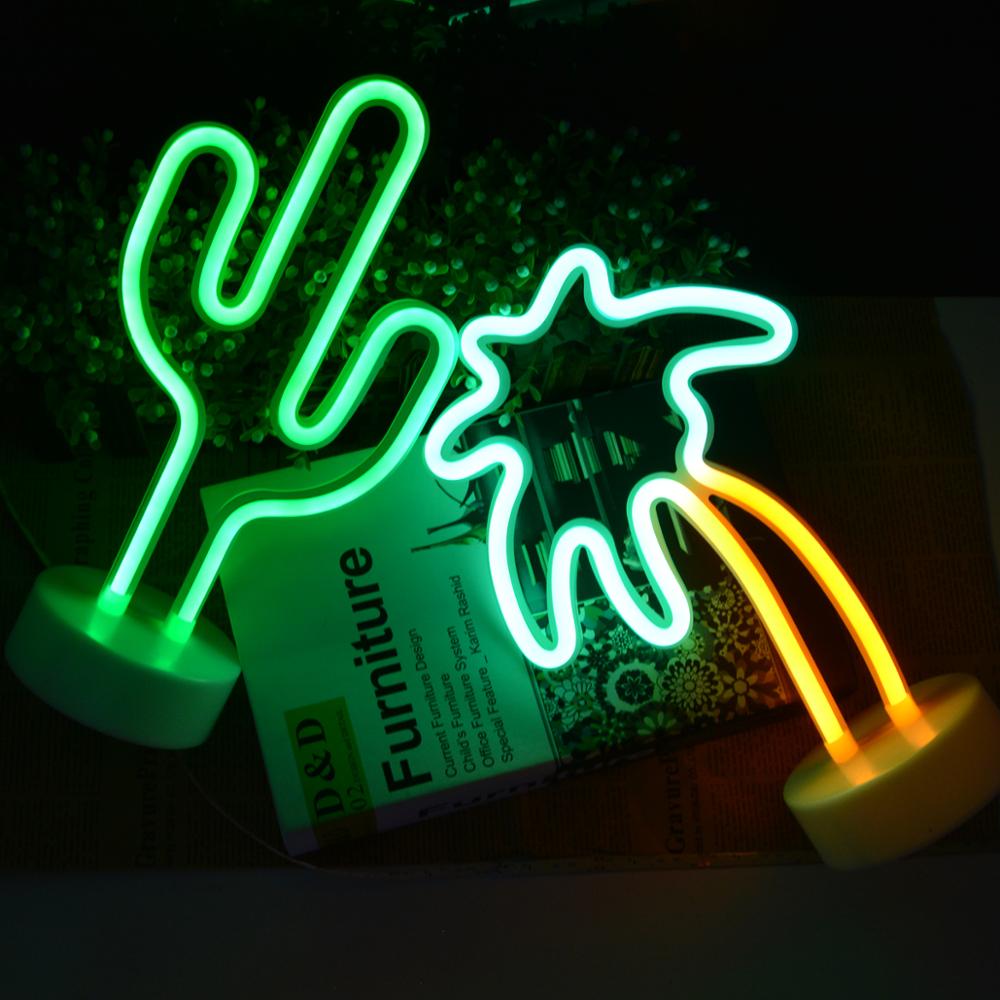 Led néon enseigne Tube lumière flamant rose vert Cactus licorne néon lampe avec Base fête de noël maison chambres décoration éclairage de nuit