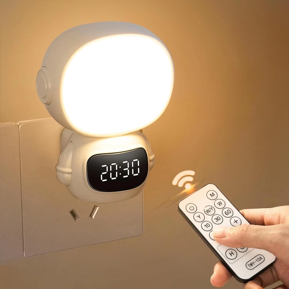 Warm Light Astronaut Clock Night Light Digital Clock Child-Friendly Remote Control Dimmable LED Lamp 3-in-1: BROWN