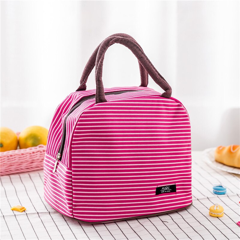 Frauen Tragbare Mittagessen Tasche Leinwand Streifen Isolierte Kühltaschen Thermische Lebensmittel Picknick Mittagessen Taschen Kinder Lunch Box Tasche Tote Lancheira: hot pink