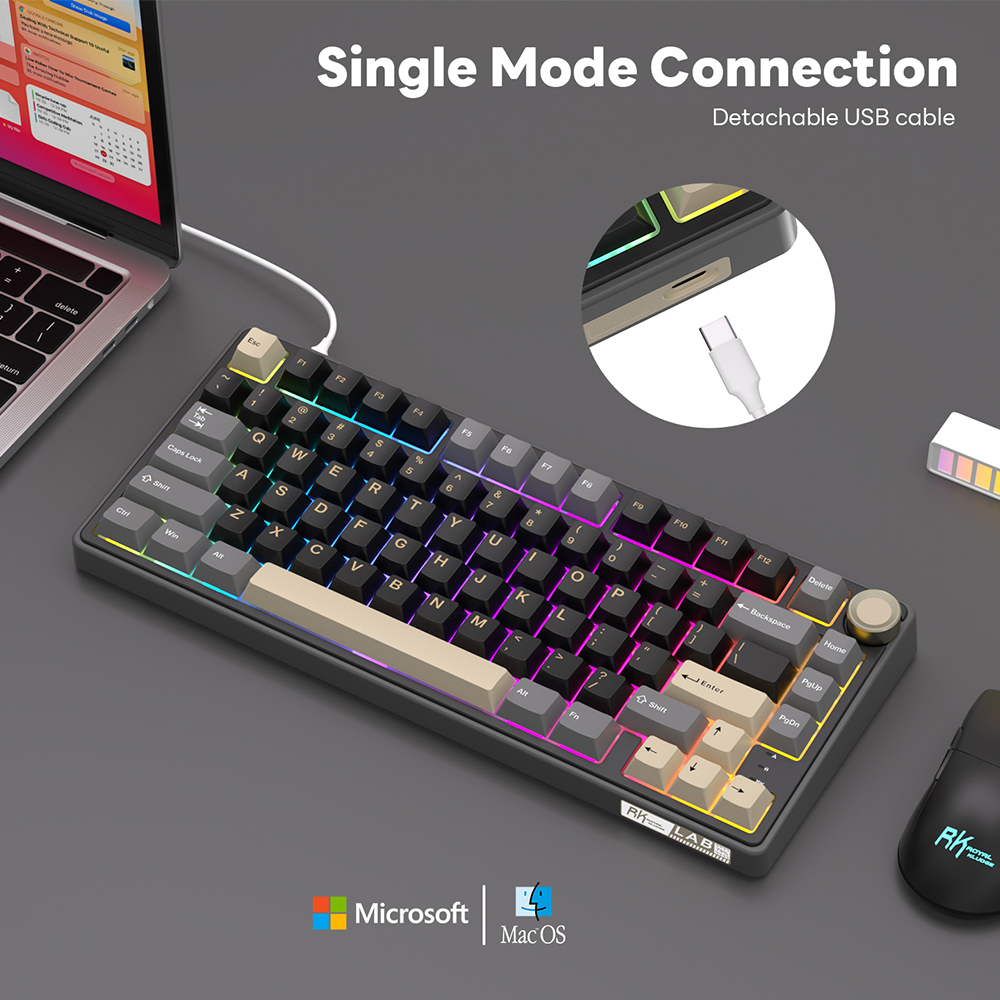 Royal Kludge RK R75 clavier de jeu filaire 80 touches 80% joint rvb rétro-éclairé clavier mécanique remplaçable à avec capuchons de touches MDA PBT