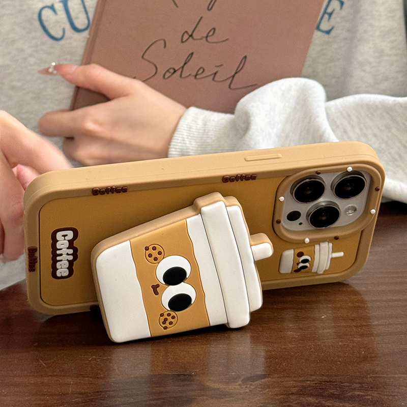 Support de tasse à café pliable en silicone souple pour iPhone, coque arrière 3D, support drôle, support pour iPhone 16 Pro Max, 15, 14, 13, 12, 11