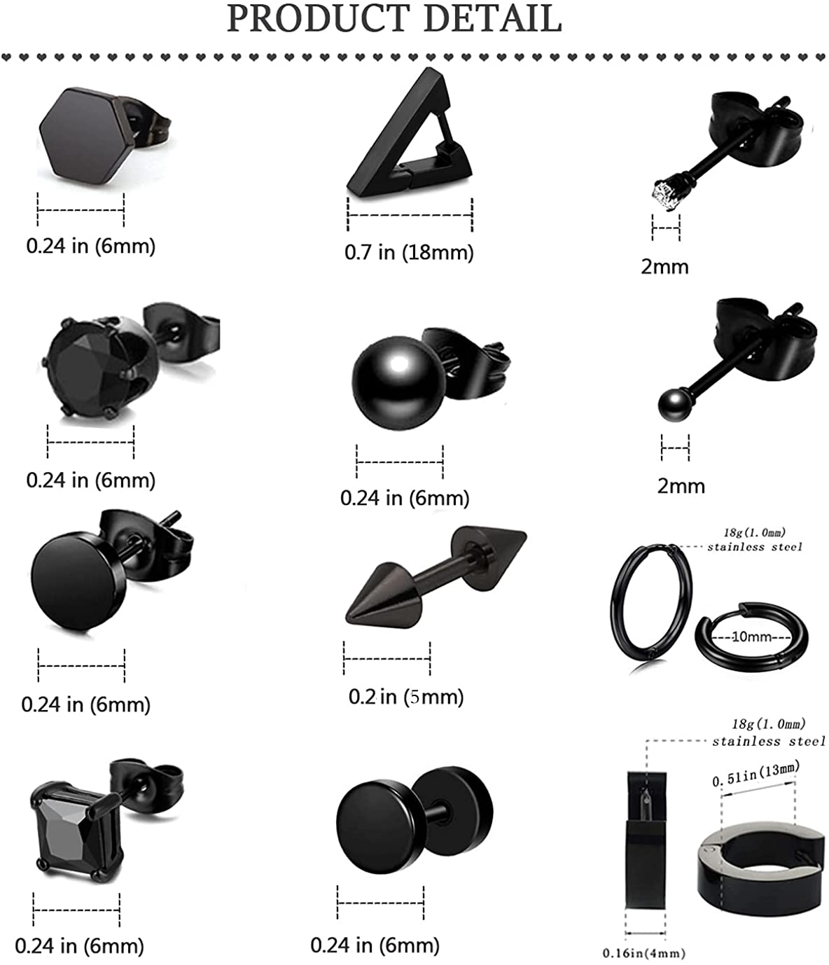 1 Paar Zwarte Stud Oorbellen Heren Oorbellen Rvs Zwarte Oorbellen Voor Mannen Vrouwen Sieraden Piercing Oorringen Set