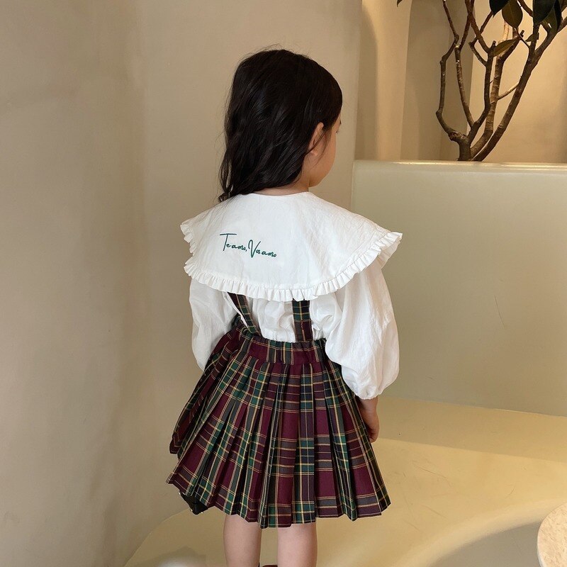 Abito alla moda per ragazze due pezzi 2021 colletto per bambole autunnale camicia a maniche lunghe in cotone con risvolto grande e gonne a quadri scozzesi