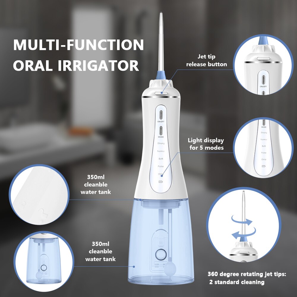 muntlig irrigator vannflosser usb oppladbart vannflosser bærbar vannstråle 350ml vanntank vanntett tannrenser