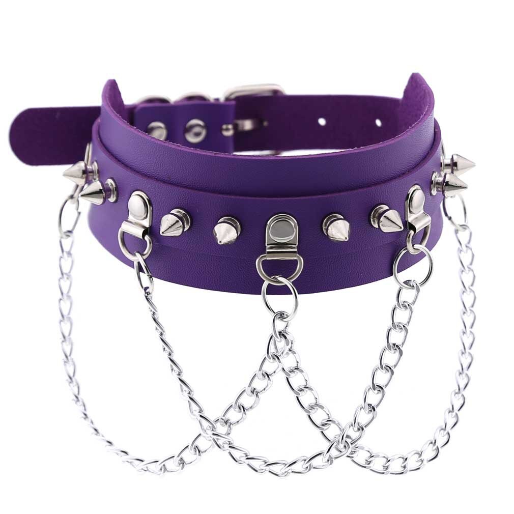 Gothic exaggerated PU leather collar necklace punk metal chain neckband clavicle chain spiked choker big spike choker: purple