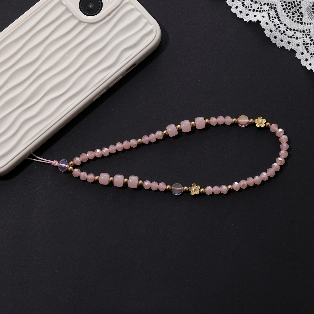 Colorful Stone with Gold Flower Mobile Phone Chain Mobile Phone Hanging Rope: Pink