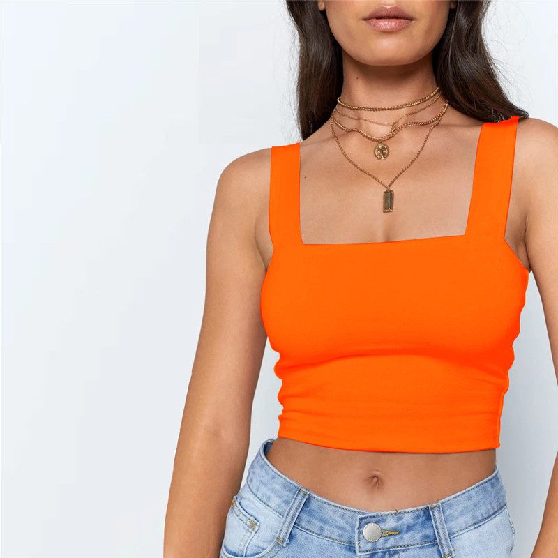 Ærmeløs sommer crop top med firkantet hals, hvid, sort, afslappet basis t-shirt med off-shoulder-effekt, sexet, rygløs tanktop: L / Orange