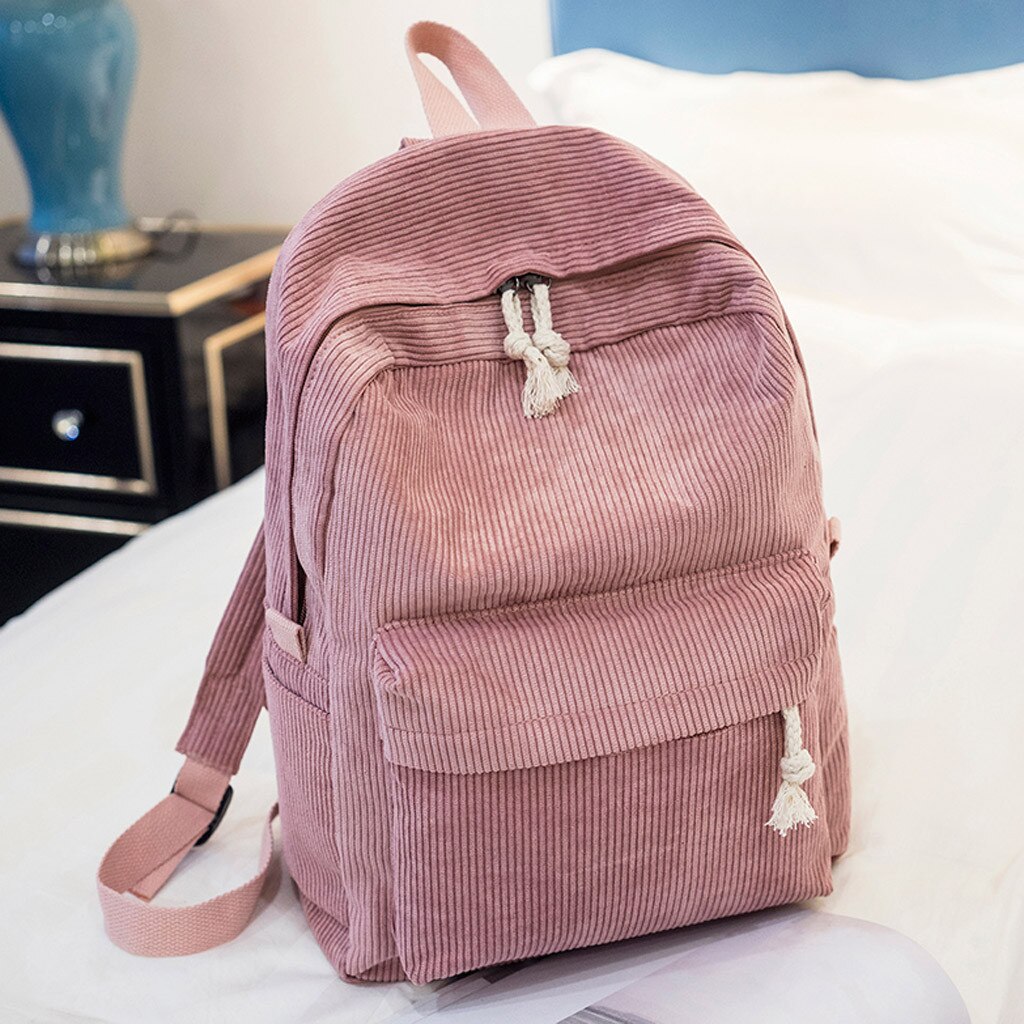 OCARDIAN Preppy Style Soft Fabric Backpack Female Corduroy School Backpack For Teenage Girls Striped Backpack Women May14: Pink