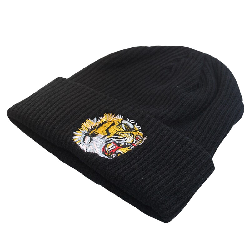 Broderi tiger ski hatte strikkede huer til mænd til kvinder strikket vinter hip hop stil hat unisex hue