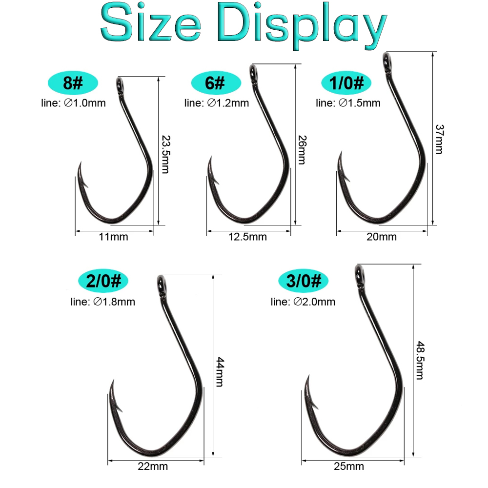 Anzuelo de pez gato de acero al carbono, accesorio afilado con púas, 3/0, 2/0, 1/0, 6, 8 V, 20 Uds.