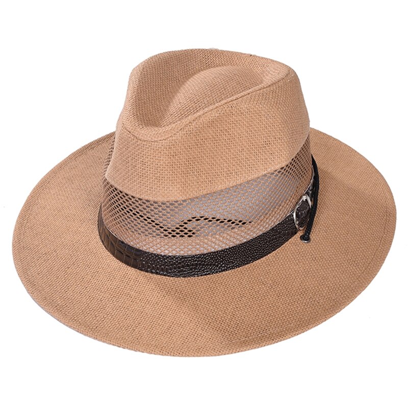 Imixlot Summer Men Straw Cowboy Hat Retro Classic Western England Style Gentleman Bucket Hat with Leather Buckle Decoration: AA