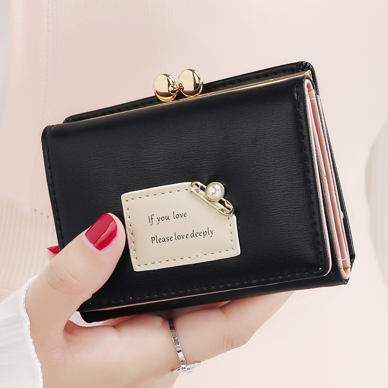 Stad Licht Brand Vrouwen Portefeuilles Vrouwelijke Korte Mode Drievoudige Portemonnee Eenvoudige Student Clutch: Black
