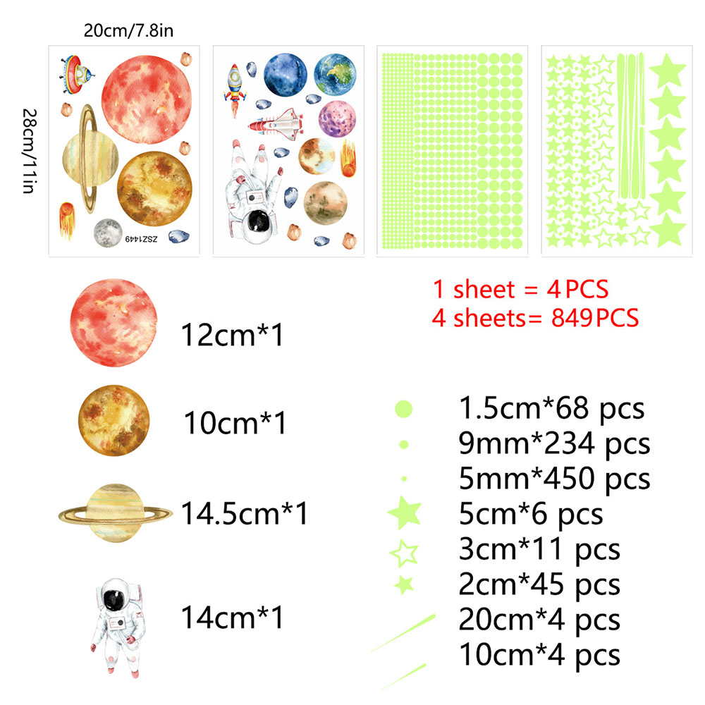 846Pcs 3D Lichtgevende Glow Sticker Glow In The Dark Star Moon Planeet Thuis Plafond Decoratieve Slaapkamer Muur Stickers Kids baby Night: Universe 849pcs