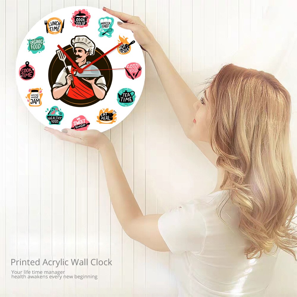 Cooking Food Baking Foods Wall Clock Kitchen Chef Holding a Tray Restaurant Decorative Wall Hanging Watch Non Ticking Mechanism