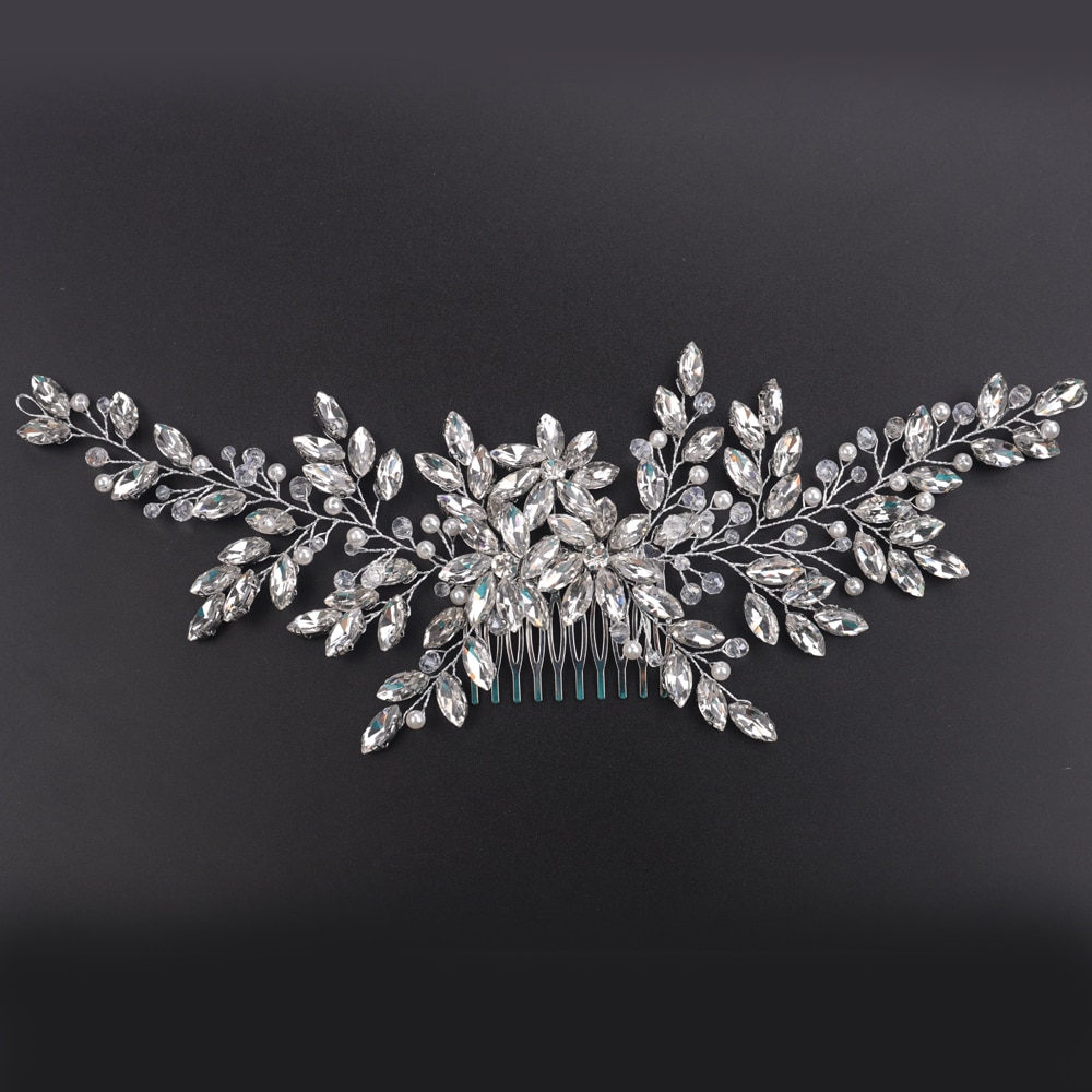 Peine grande para el pelo de novia, accesorio Vintage de plata con diamantes de imitación, perlas brillantes y cristales, tocado, pieza de cabello nupcial, boda