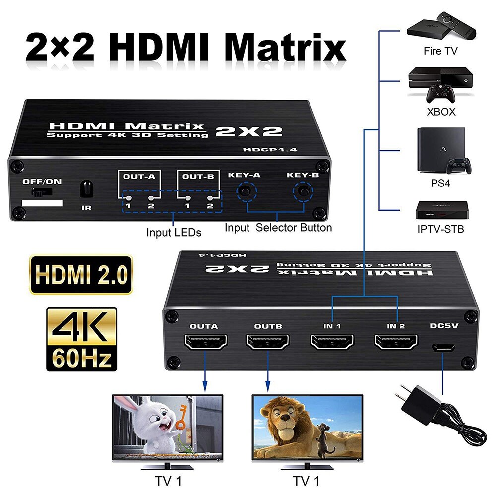 2X2 Matrix Switcher 4K 60Hz, Support HDCP 1.4 IR Remote Control HDMI Switch 2 in 2 Out HDMI Matrix Switch