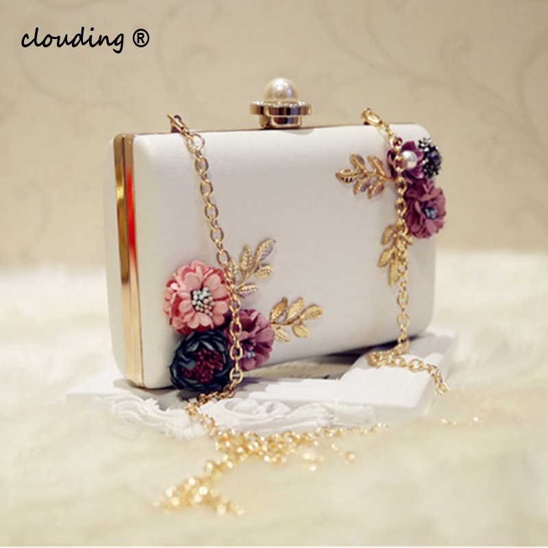 Mode Vrouwen Lederen Avondtasje Etentje Lady Bruiloft Bloem Clutch Purse (Wit)