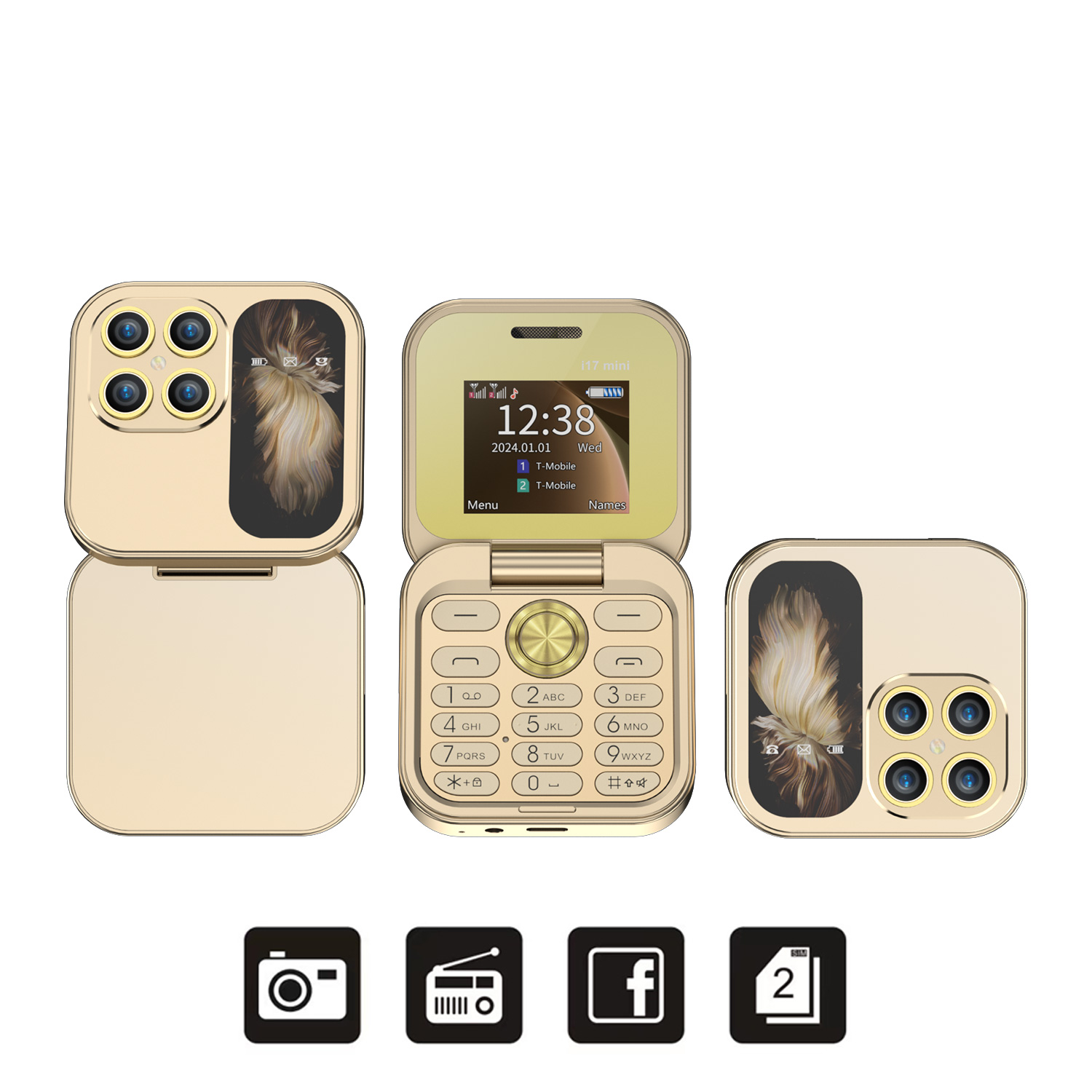 SERVO I17 Mini Foldable Small Mobile Phone 1.77-inch Screen Magic Voice 2G Double SIM Card Slot FM Radio Button Mini Flip Phones: Gold