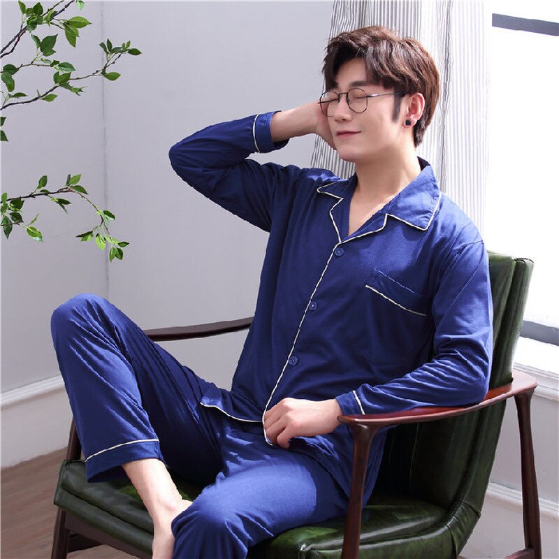 Ensemble pyjama en coton pour homme, vêtement de maison, couleur unie, grande taille, décontracté, ample, à revers, Simple, respirant, printemps, automne