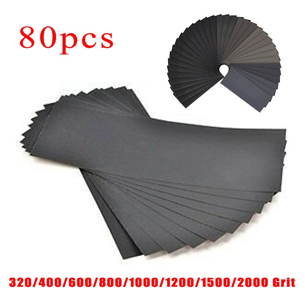 80 stk sandpapir vådt eller tørt sort siliciumcarbidmateriale bilvedligeholdelsessandpapir 320/400/600/800/1000/1200/1500/2000 korn
