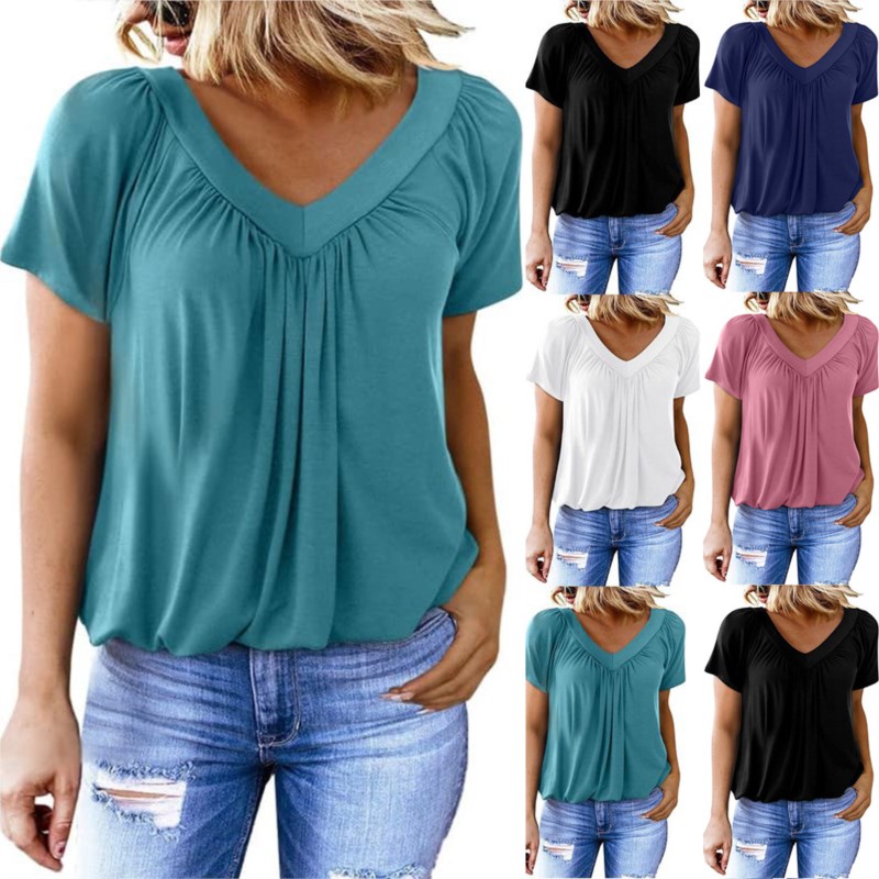 Summer TK Women's V-neck Folded Loose Short Sleeve Solid Color T-shirt Women's Top Comfortable, Casual and Versatile
