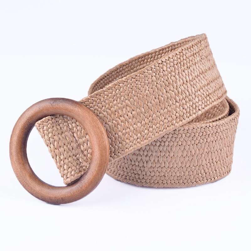 Boho Style Braided Straw Wide Belt Wooden Buckle Ladies Dress Belt Luxury Women