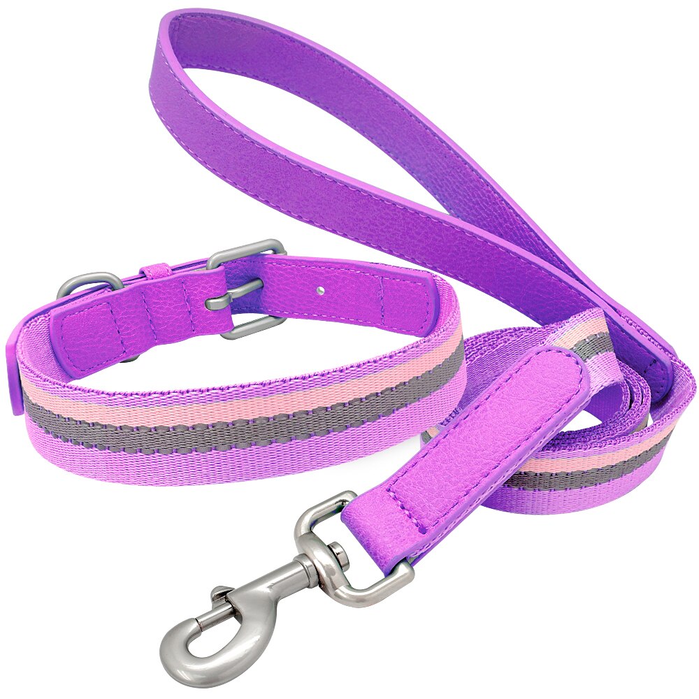 Nylon Halsband En Riem Set Verstelbare Reflecterende Strip Halsbanden En Huisdier Wandelen Lead Leash Voor Small Medium Honden pitbull: Paars / L