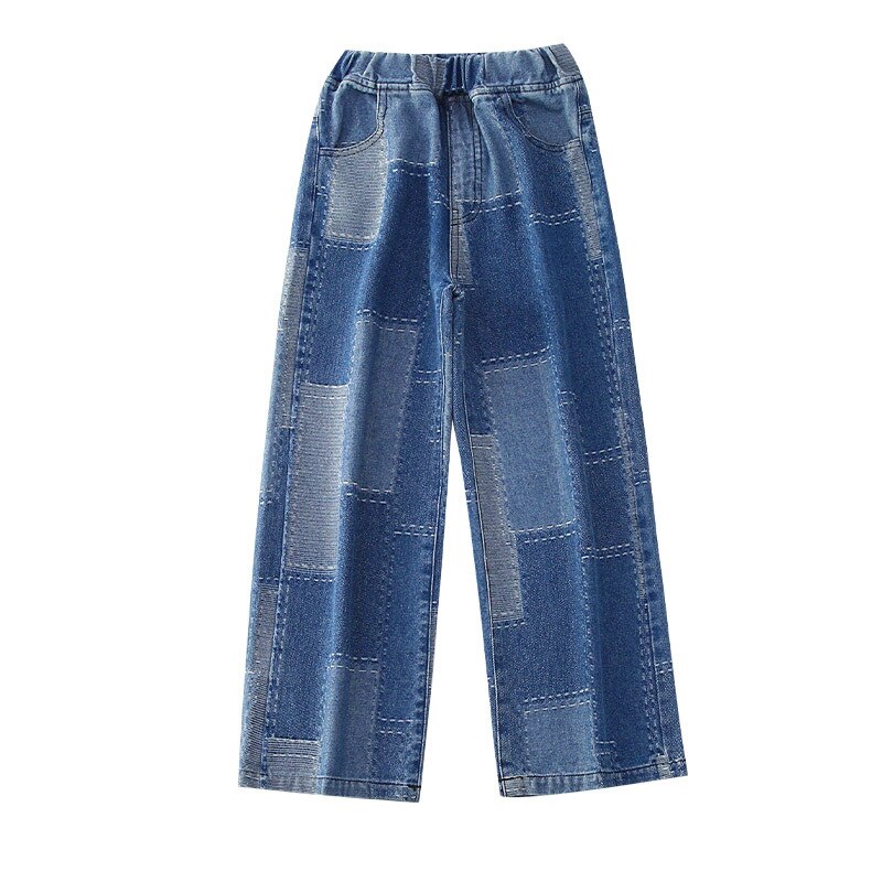 Jeans for Girls Patchwork School Uniform for Children Spring 2022 Kids Pants Blue Wide Leg Pants Casual Loose Jeans: 14