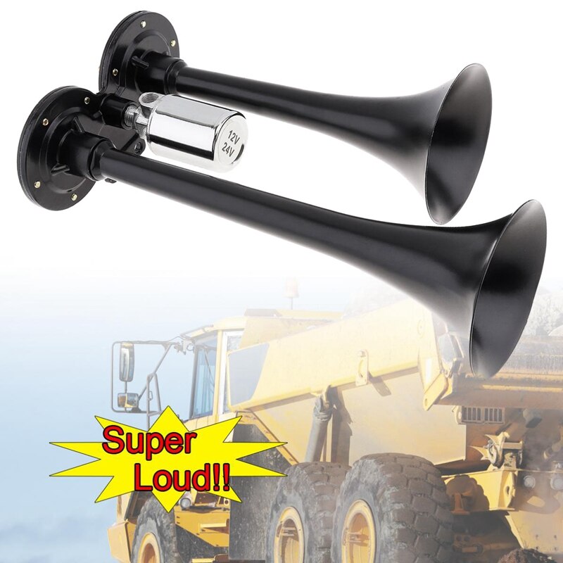 12V/24V 178DB Universal Super Loud Black Dual Trumpet Air Horn for Cars Trucks Boats