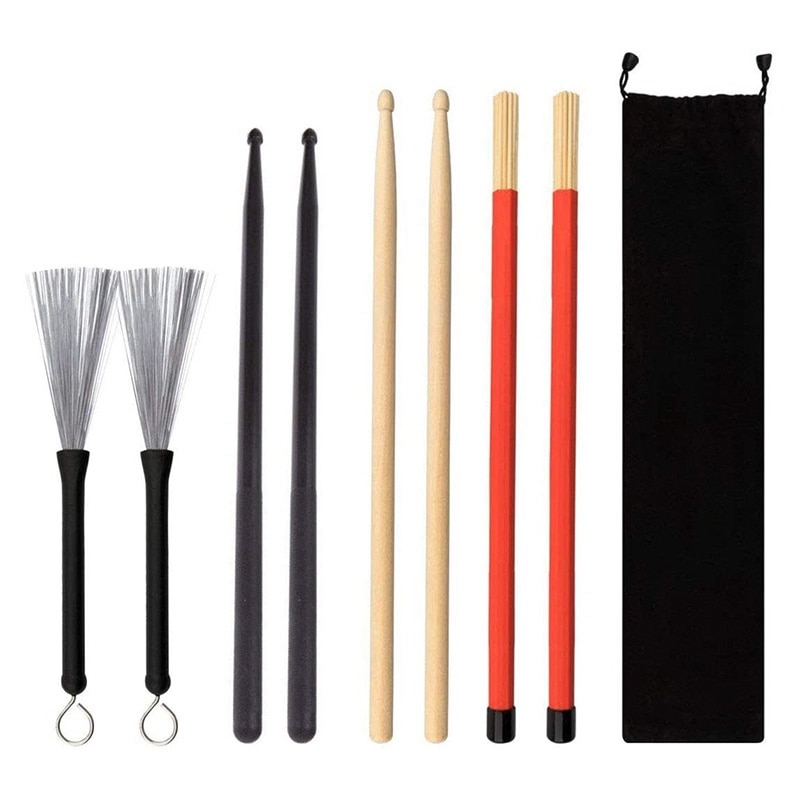 Drumstokken Brushe Set 1 Paar 5A Drum Sticks, 1 Paar Borstels Sticks, 1 Paar Nylon Drum Sticks, 1 Paar Drum Borstels: Default Title