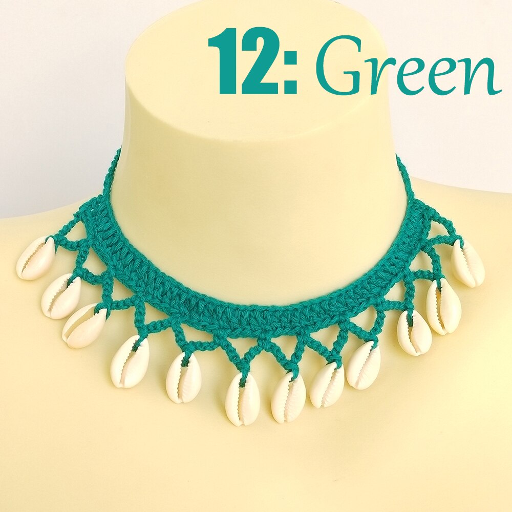 Buy 2 Get 30% Off Girl Cute Sea Shell Choker Necklace Crochet Bohemian Beach Tassel Necklace Shell Chain For Women Pendant: green