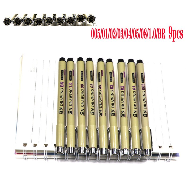 GN 9Pcs / set black micron pen hook line pen set sketch mark drawing waterproof pen school art writing stationery needle pen: 9PCS