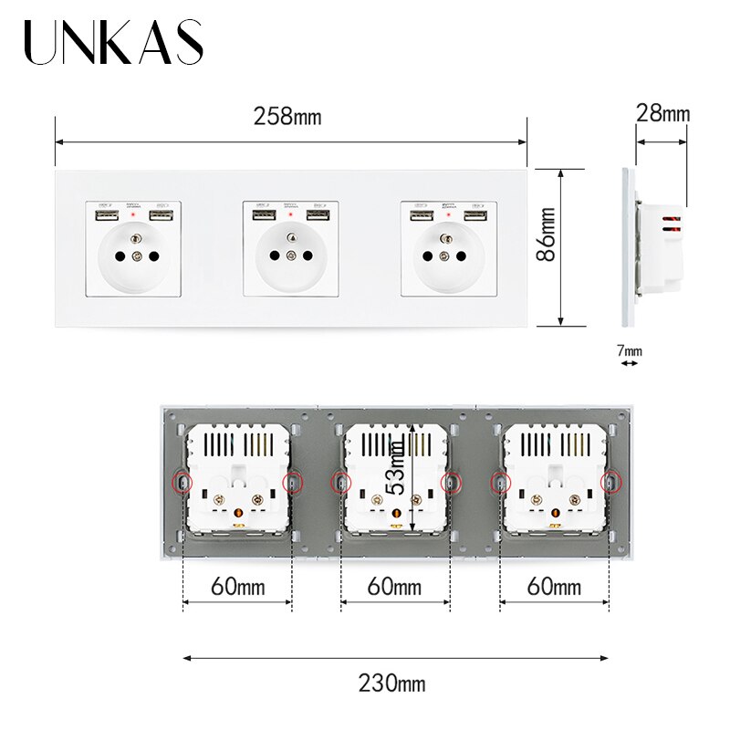 UNKAS 3 Gang French Wall Power Socket Dual USB + HDMI Port USB 3.0 Jack TV RJ11 Telephone RJ45 Internet PC Plastic Panel Outlet
