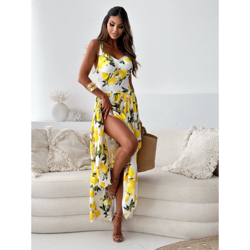 2023 sommer Maxi Kleider Für Frauen Zitrone Strap Obst Druck Strap Sress Robe Elegante Kleider Für Frauen Robe Longue Femme: XXL