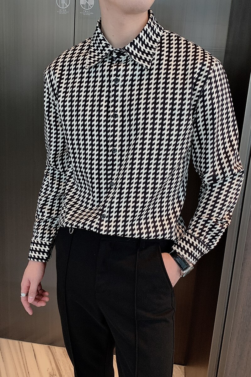 Spring Plaid Shirts Men Long Sleeve Casual Shirt Slim Fit Formal Dress Shirts Streetwear Social Party Blouse Chemise Homme