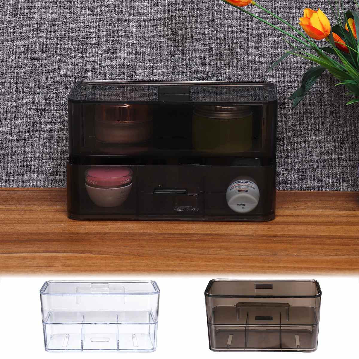 Cosmetic Organizer Storage Box Wall Mounted Clear Makeup Drawers Holder Case 2 Layers Multifunction Makeup Jewelry Storage Box