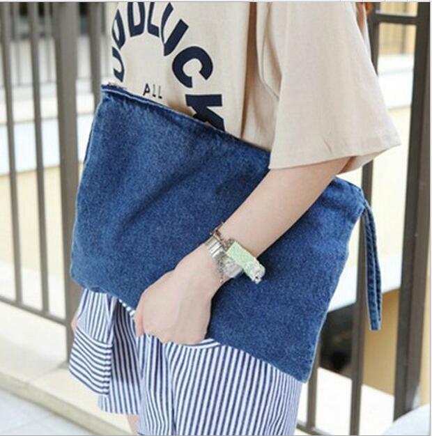 10 pçs novo 2021 saco de embreagem da lona das mulheres azul denim embraiagens bolsa feminina senhora casual carteiras
