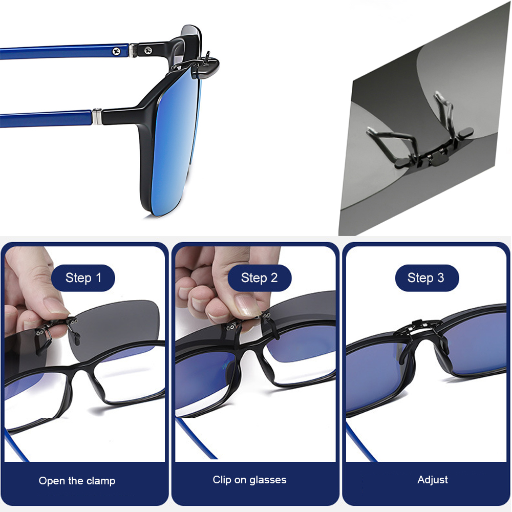 VIVIBEE Mens Fishing Clip On Sunglasses Mirror Blue Eyeglasses Polarized UV400 Women Square Night Vision Driving Sun Glasses