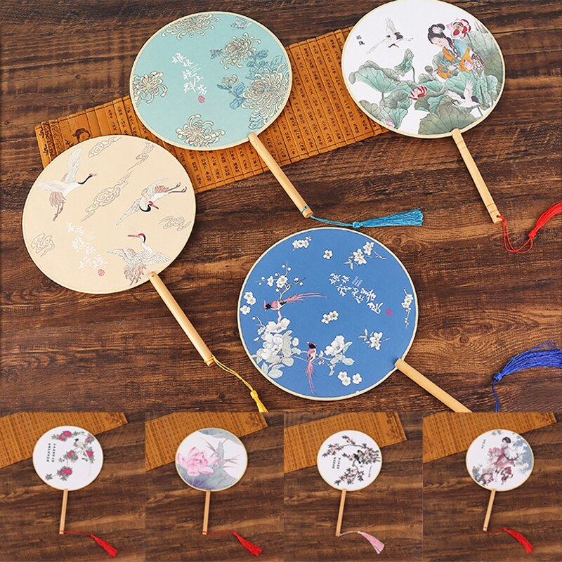 Vintage Round Fan Long Handle Tassel Dancing Hanfu Circular Fan Ancient Chinese Style Classical Printed Court Round Fan Wedding